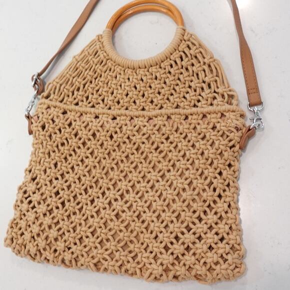 ZIPPER CLOSER TAN MACRAME RING CROSSBODY BOHO BAG - Picture 9 of 13